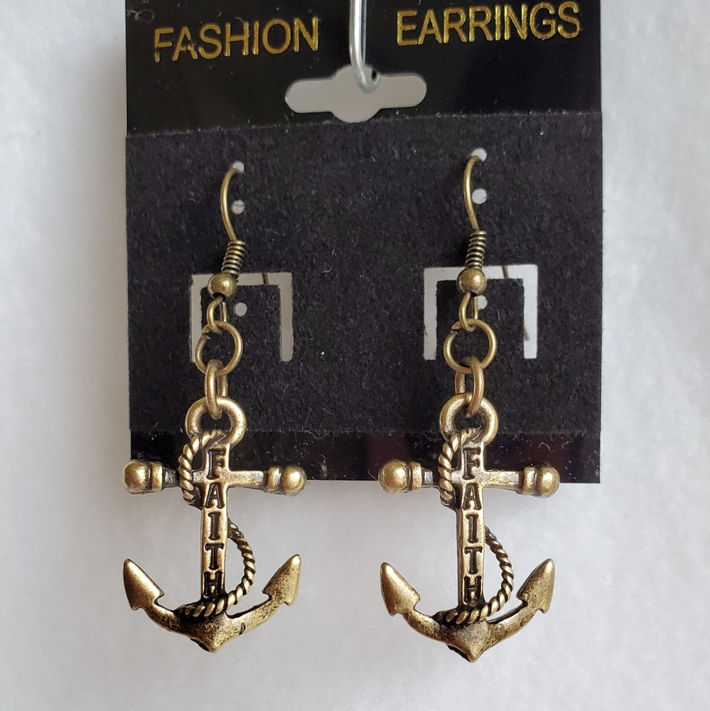 Womens bronze "Faith" anchor hook earrings